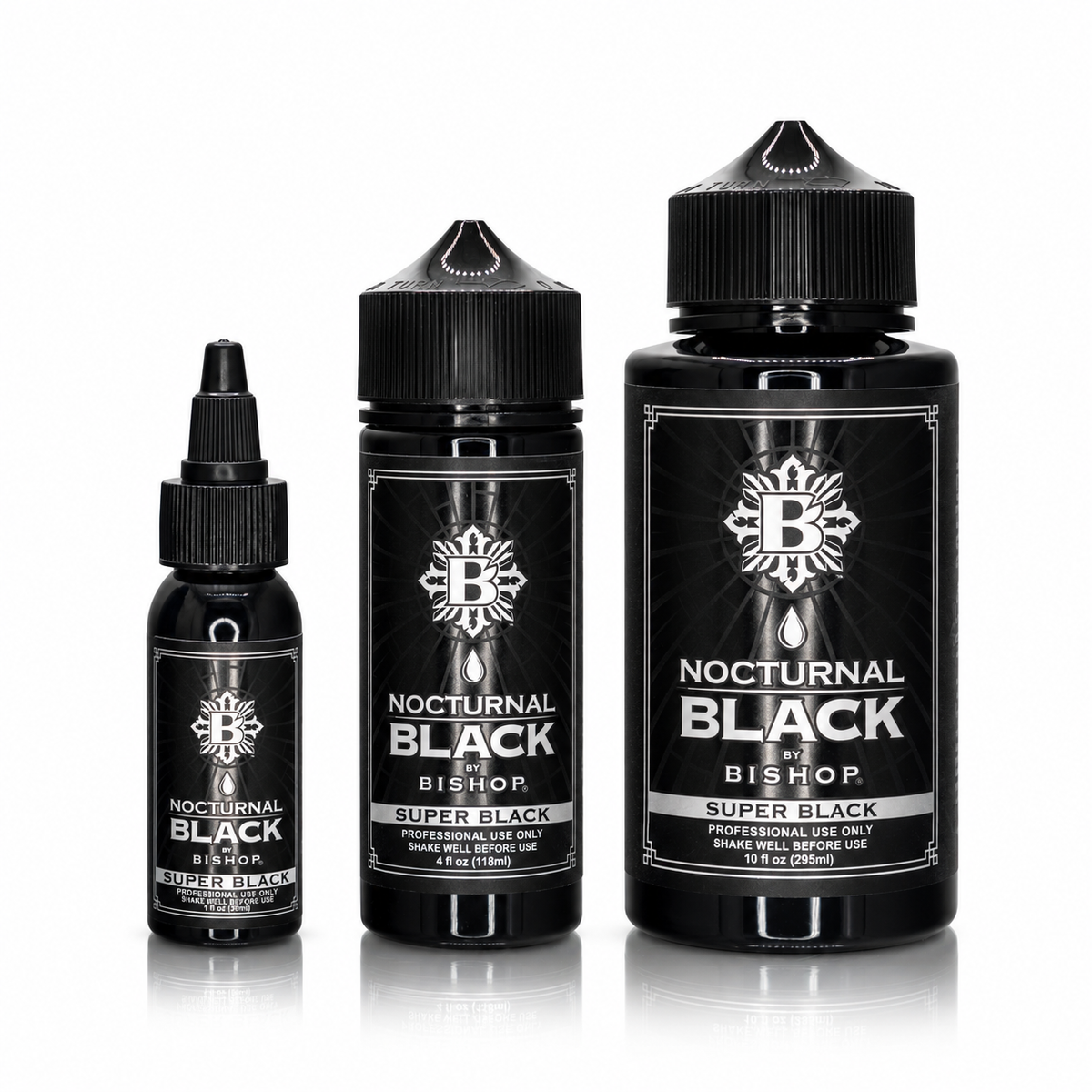 Nocturnal By Bishop Super Black 30ml, 118ml, 295ml — comparação dos tamanhos dos frascos