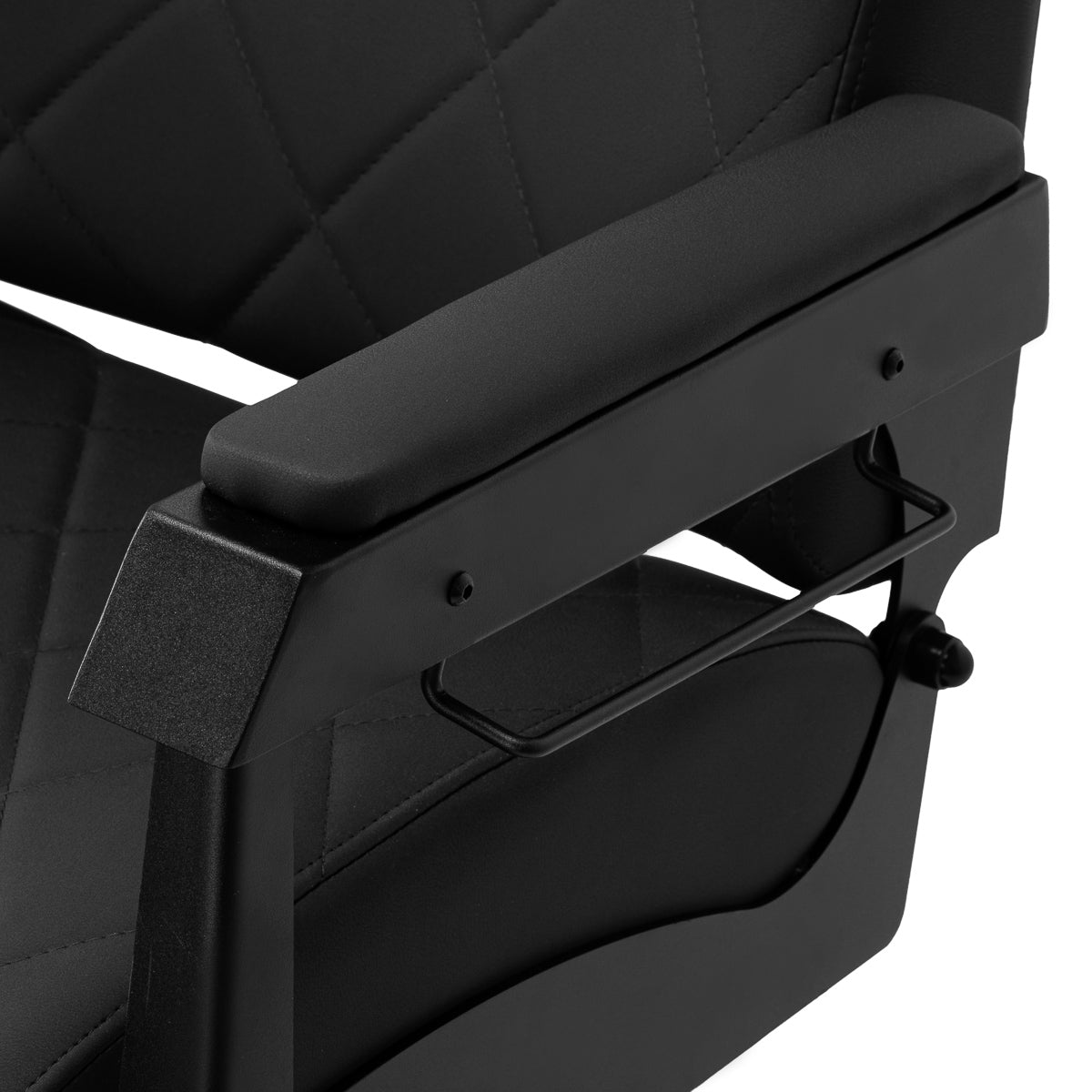 Gabbiano Bruno barber chair with black frame, adjustable seat and armrests, used in professional barbershops.