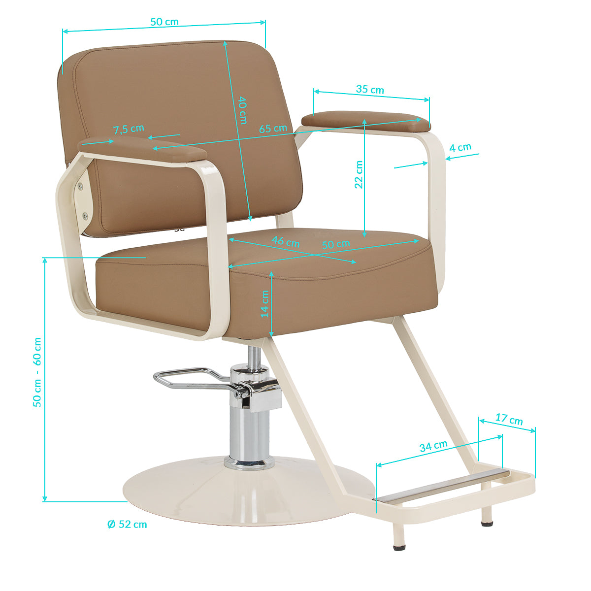Omega Aurora light brown hairdressing chair with adjustable height and cushioned seat, designed for salon styling and comfort.