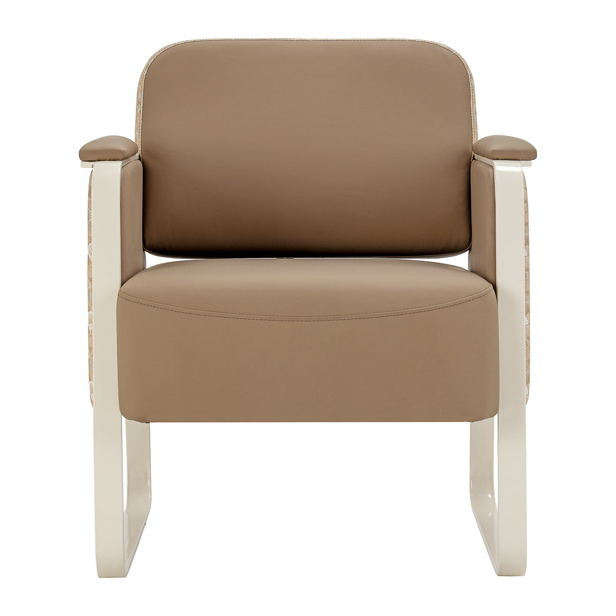 Omega Grandeur waiting room chair in light brown upholstery with sleek metal legs, designed for comfortable reception areas.