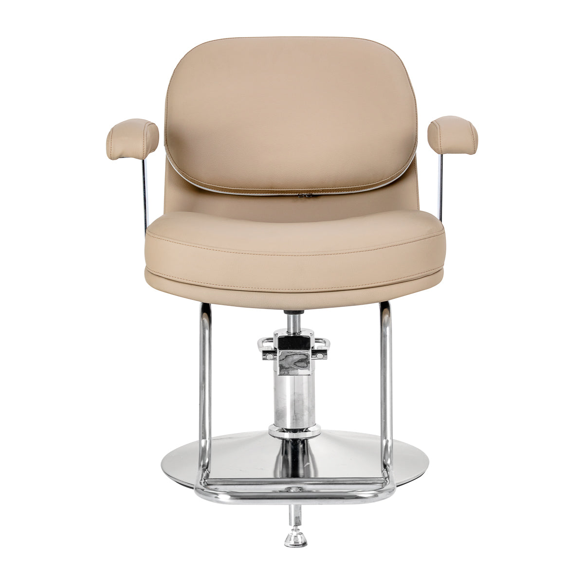 Omega Astra beige hairdressing chair with padded seat and backrest, adjustable height, and sleek modern design.