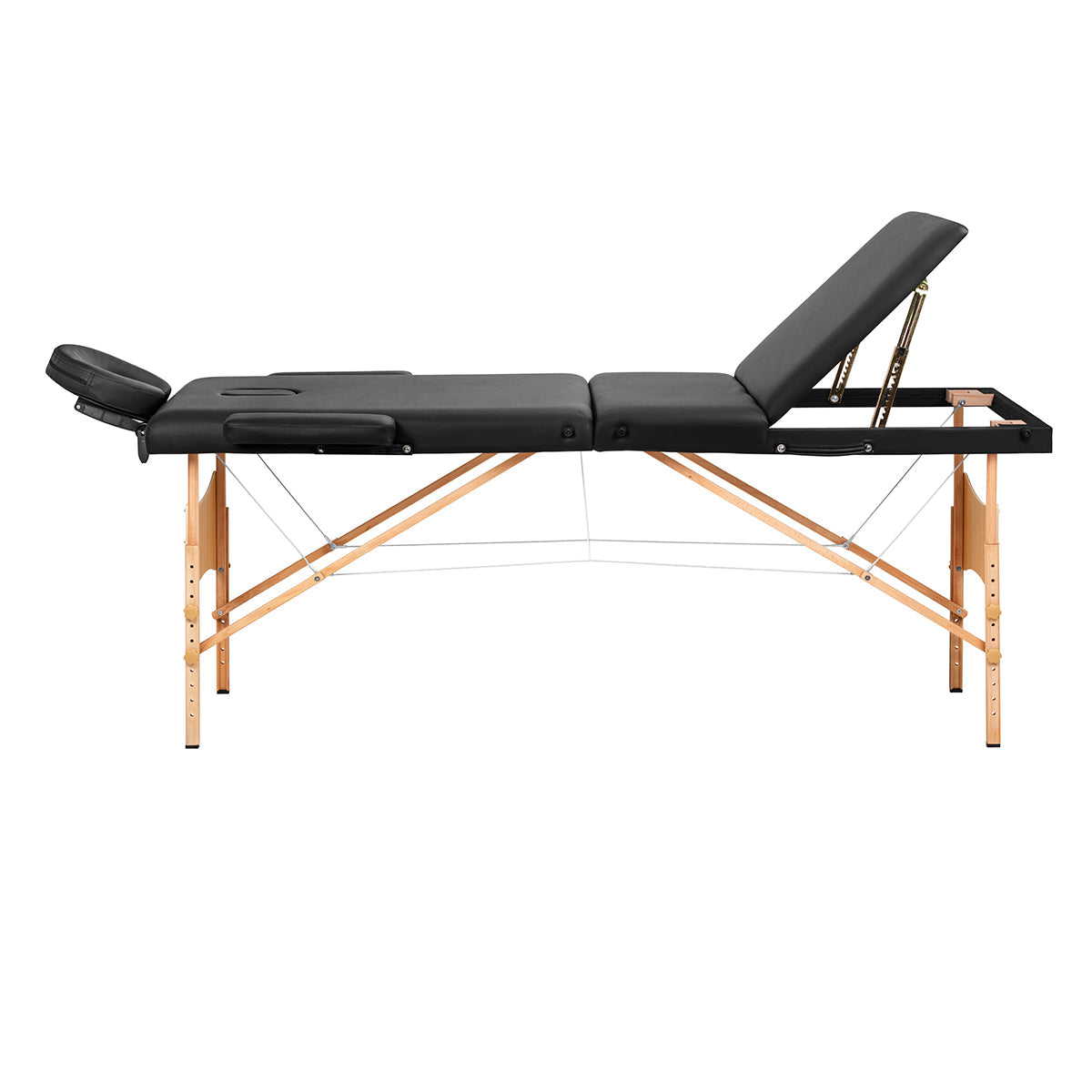 Black BALANCE wooden folding massage table with three segments, designed for professional massage therapy and easy portability.