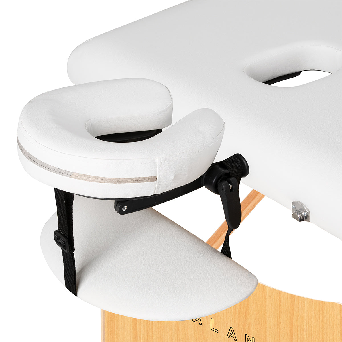 White BALANCE wooden folding massage table with 2 segments, 190x70 cm, featuring a sturdy, adjustable massage furniture design.