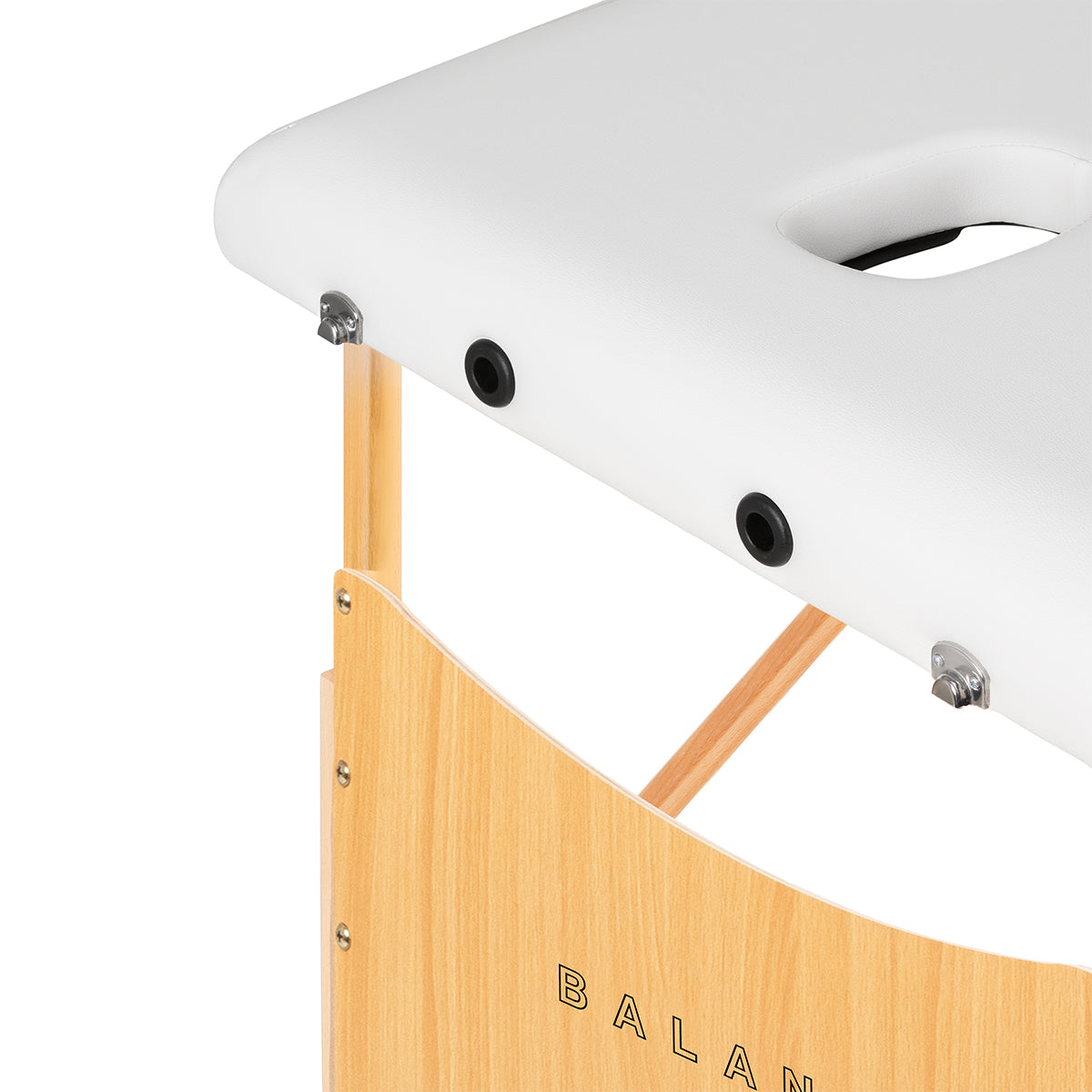 White BALANCE wooden folding massage table with 2 segments, 190x70 cm, featuring a sleek, sturdy design for professional therapy use.