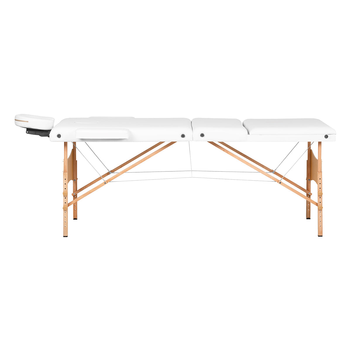 White BALANCE wooden folding massage table with three segments, 190x70 cm, designed for professional massage therapy.