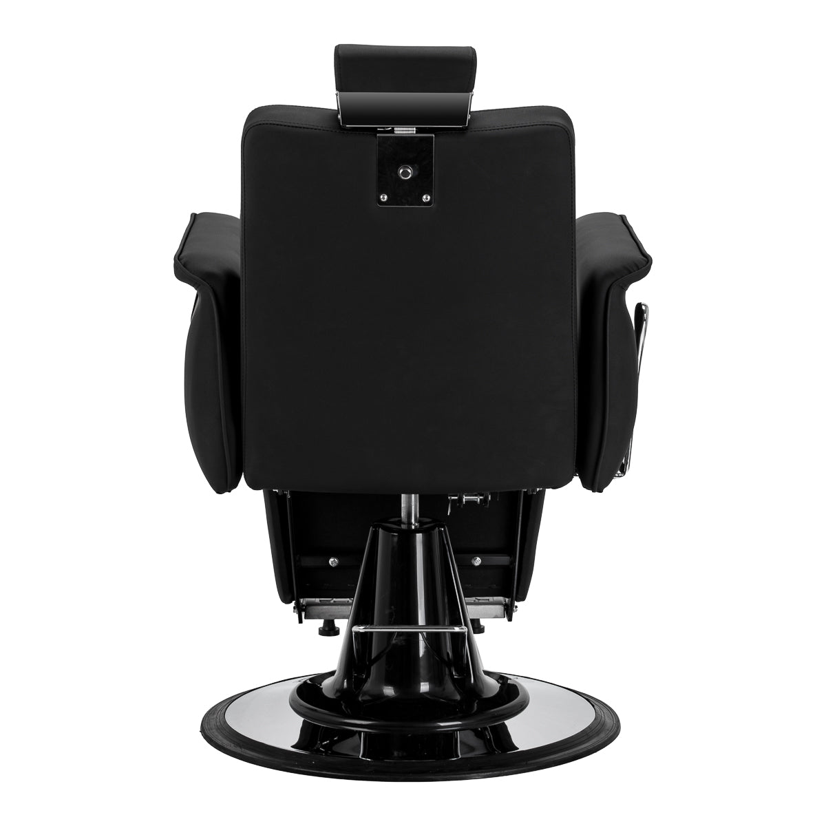 Black Gabbiano Athena barber chair with padded seat, backrest, and armrests, designed for barbershop furniture.