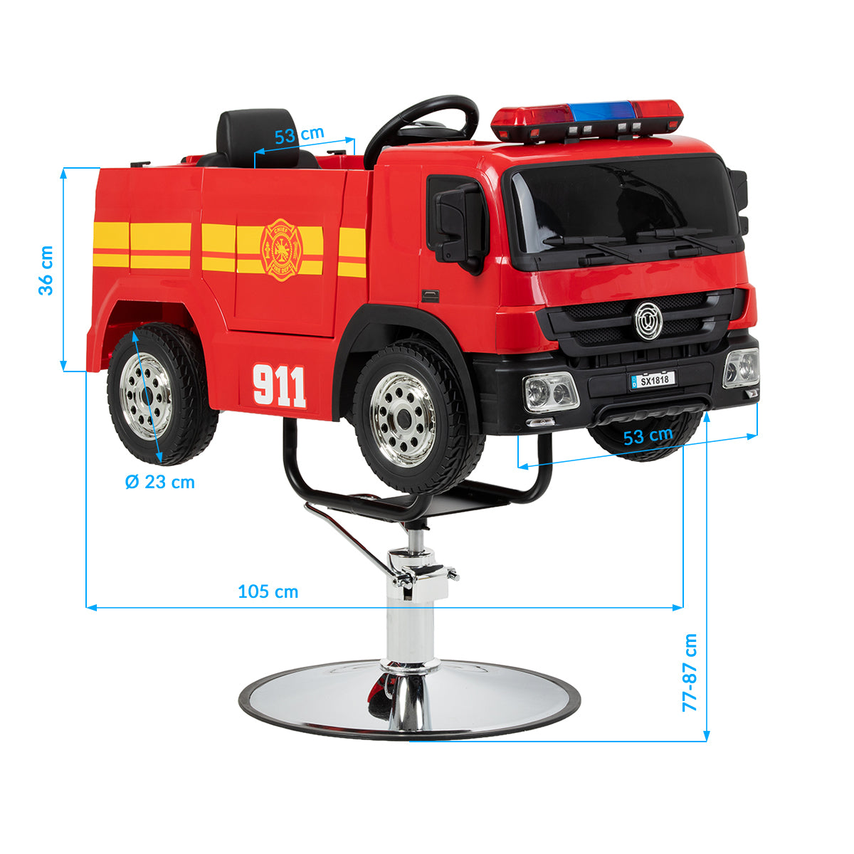 Gabbiano Fire Engine kids salon chair dimensions and features
