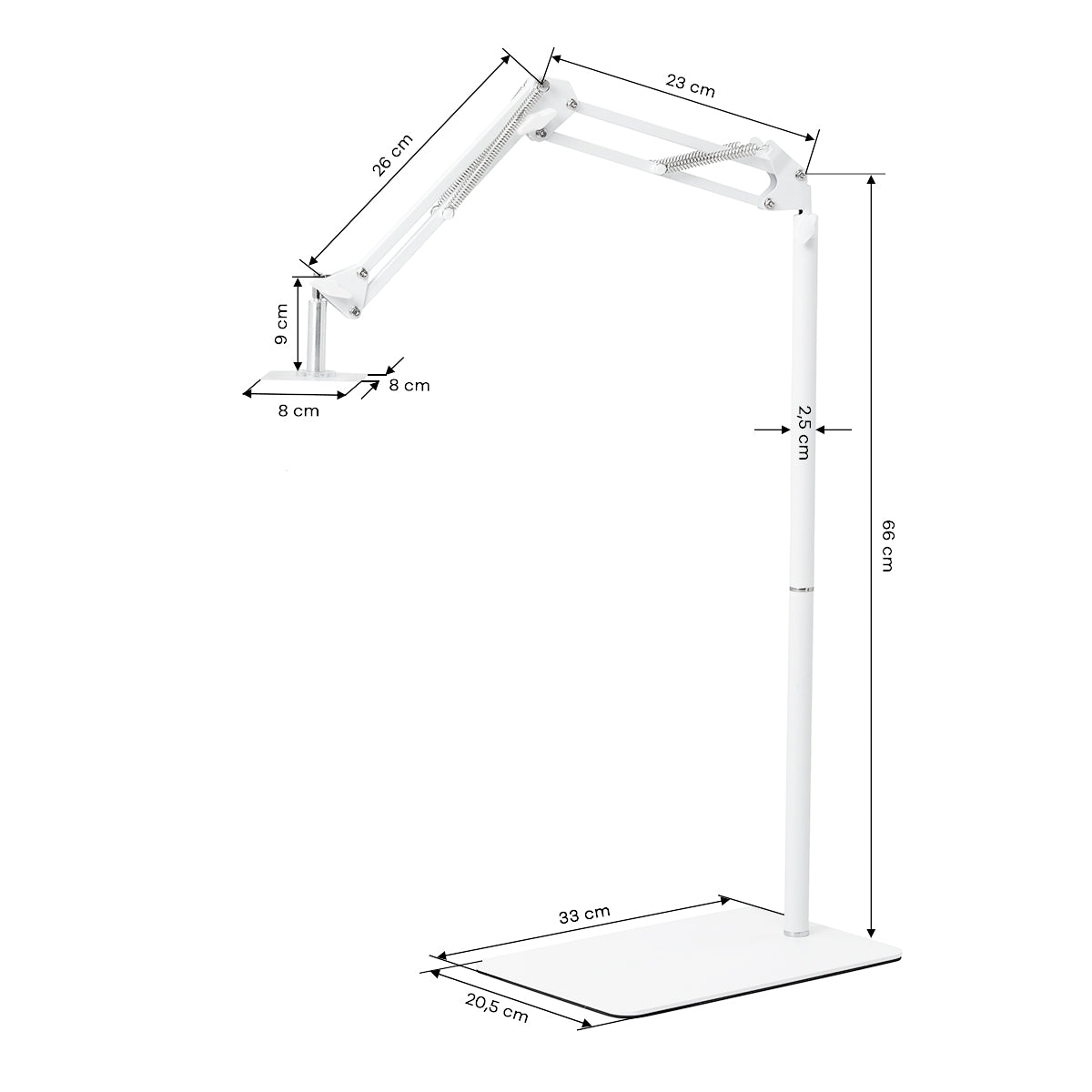 GLOW suporte ajustável para lâmpada UV/LED de pedicure – Branco; desenho cotado, base de 33 × 20,5 cm