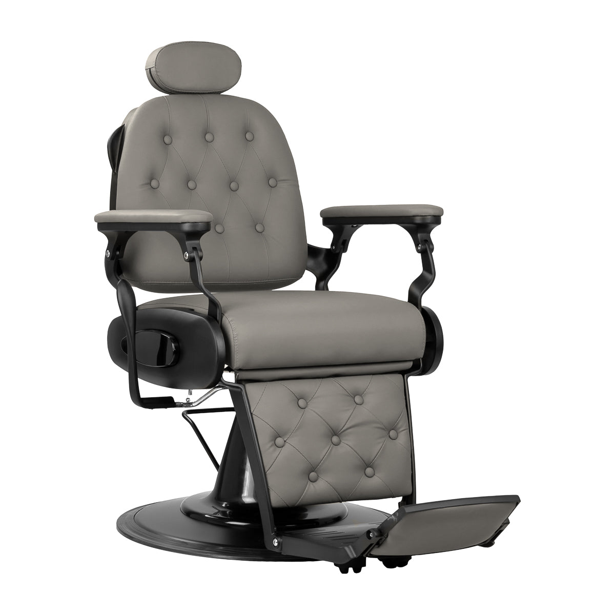 Gabbiano Francesco grey barber chair with black base, stylish barbershop furniture for professional grooming salons.