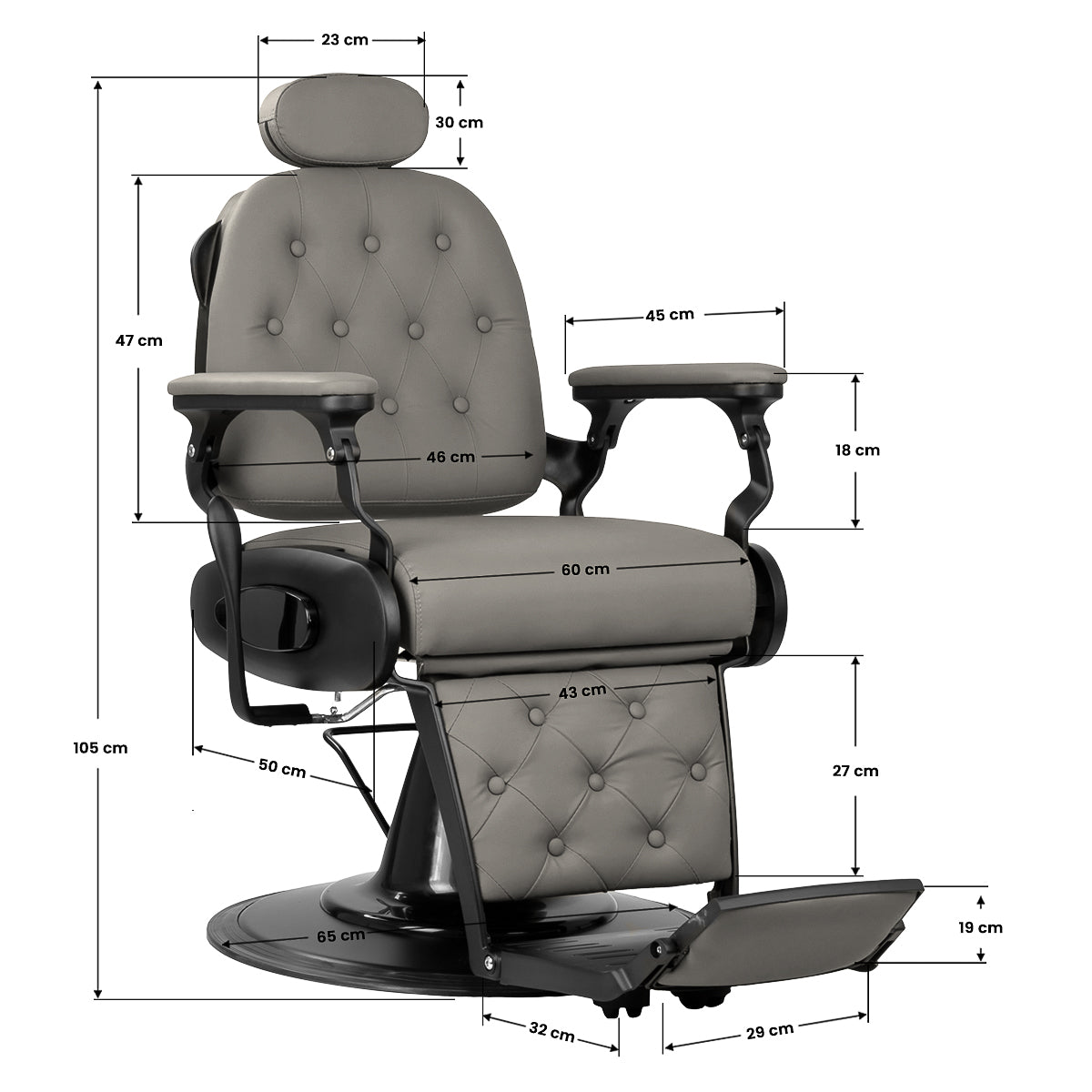 Gabbiano Francesco grey barber chair with black base, barbershop furniture featuring padded seat and backrest for comfort.