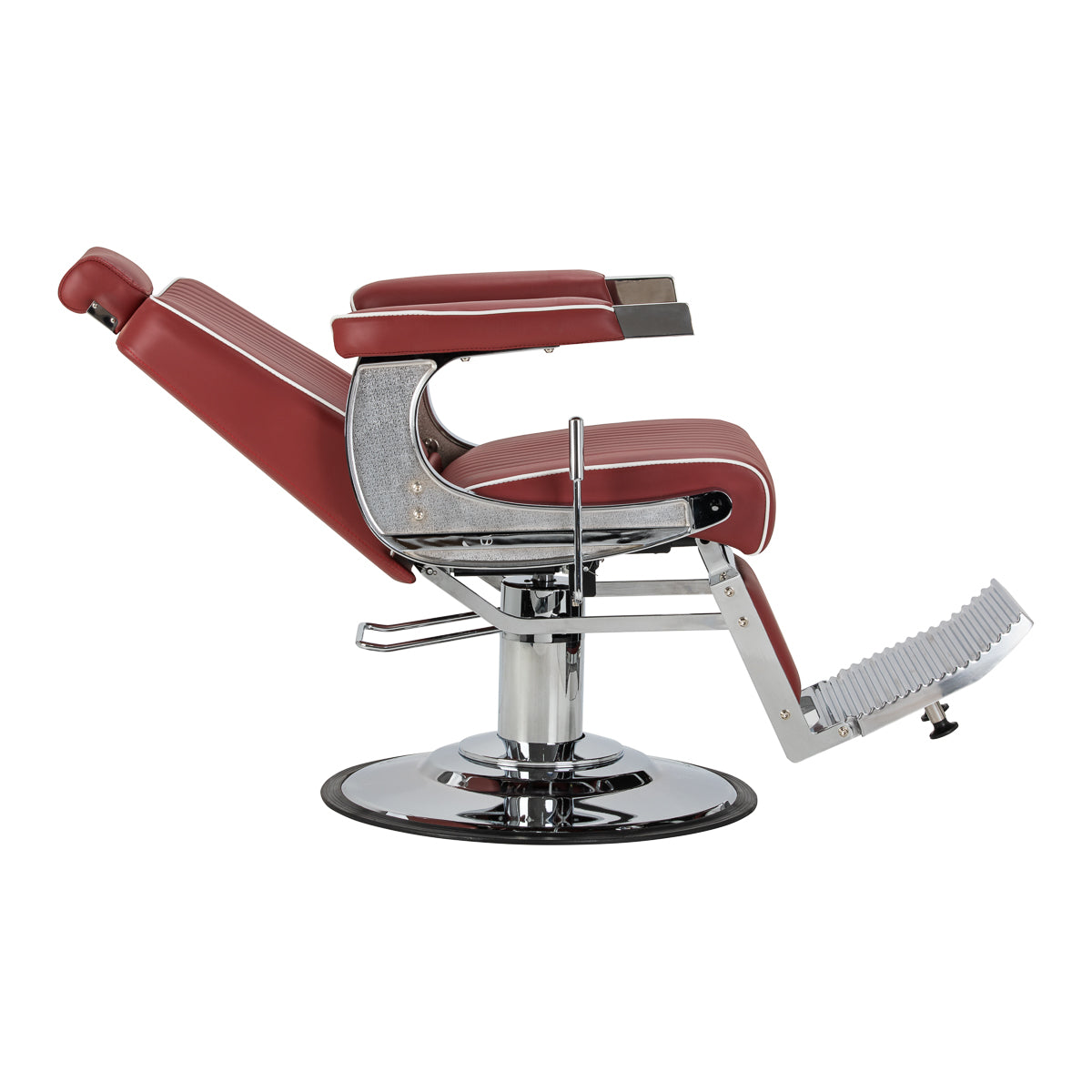 Gabbiano Visionerio+ cadeira de barbeiro hidráulica – Vermelha, estrutura cromada; vista lateral, encosto reclinado