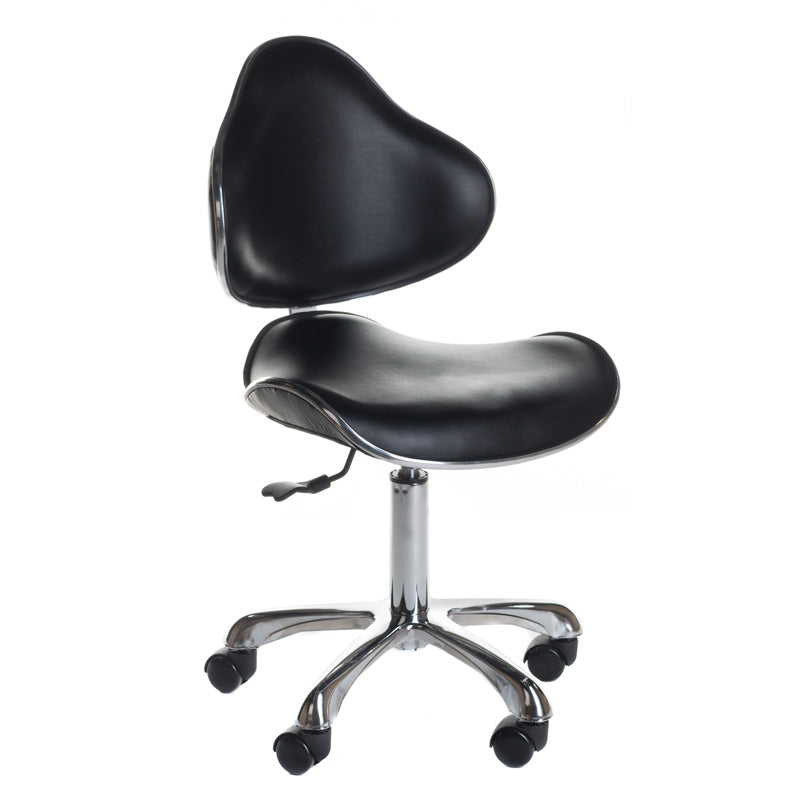 Black cosmetology stool with backrest and adjustable height, made by Beauty System, perfect for salons and beauty clinics.