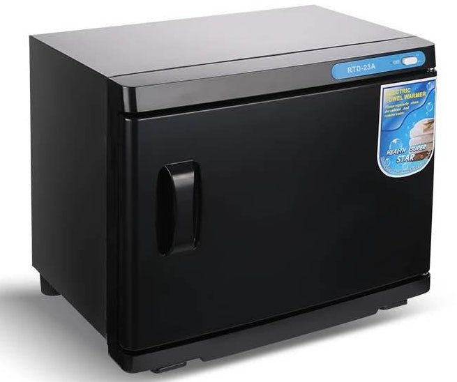 Black UV sterilizer and towel warmer from Beauty System, compact device with UV light for sanitizing and warming towels.