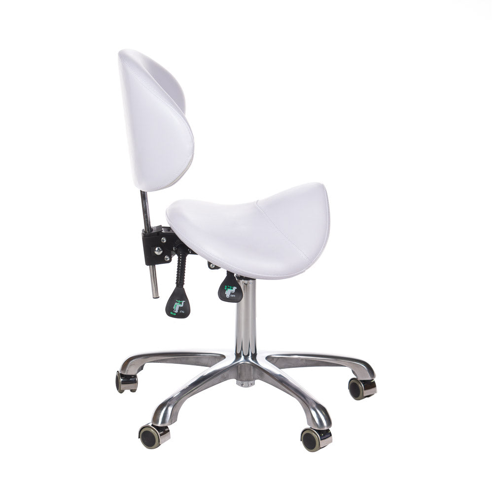 White cosmetic stool with backrest, model BY-3004 from Beauty System, featuring a padded seat and sturdy metal frame.