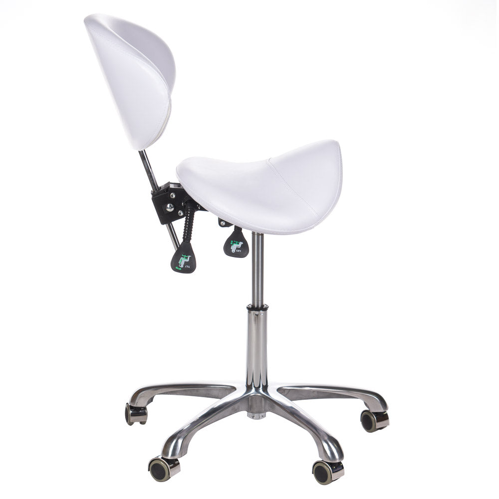 White cosmetic stool with backrest, model BY-3004 by Beauty System, featuring a comfortable seat and sturdy design for salon use.