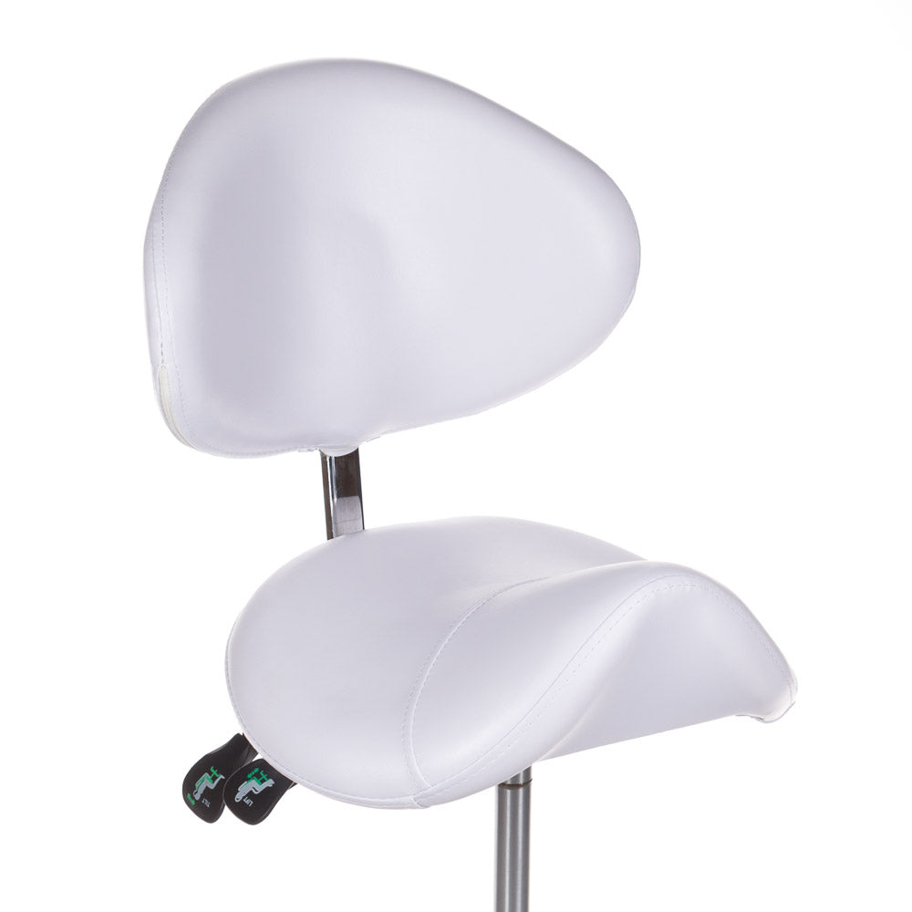 White cosmetic stool with backrest, model BY-3004 from Beauty System, featuring a padded seat and sturdy metal base.