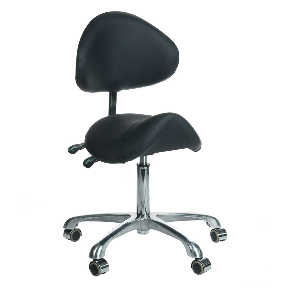 Black cosmetic stool with backrest from Beauty System, featuring a padded seat and sturdy base for salon or beauty treatment use.