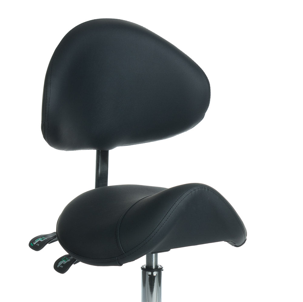 Black cosmetic stool with backrest from Beauty System, featuring a padded seat and sturdy base for salon or beauty treatments.