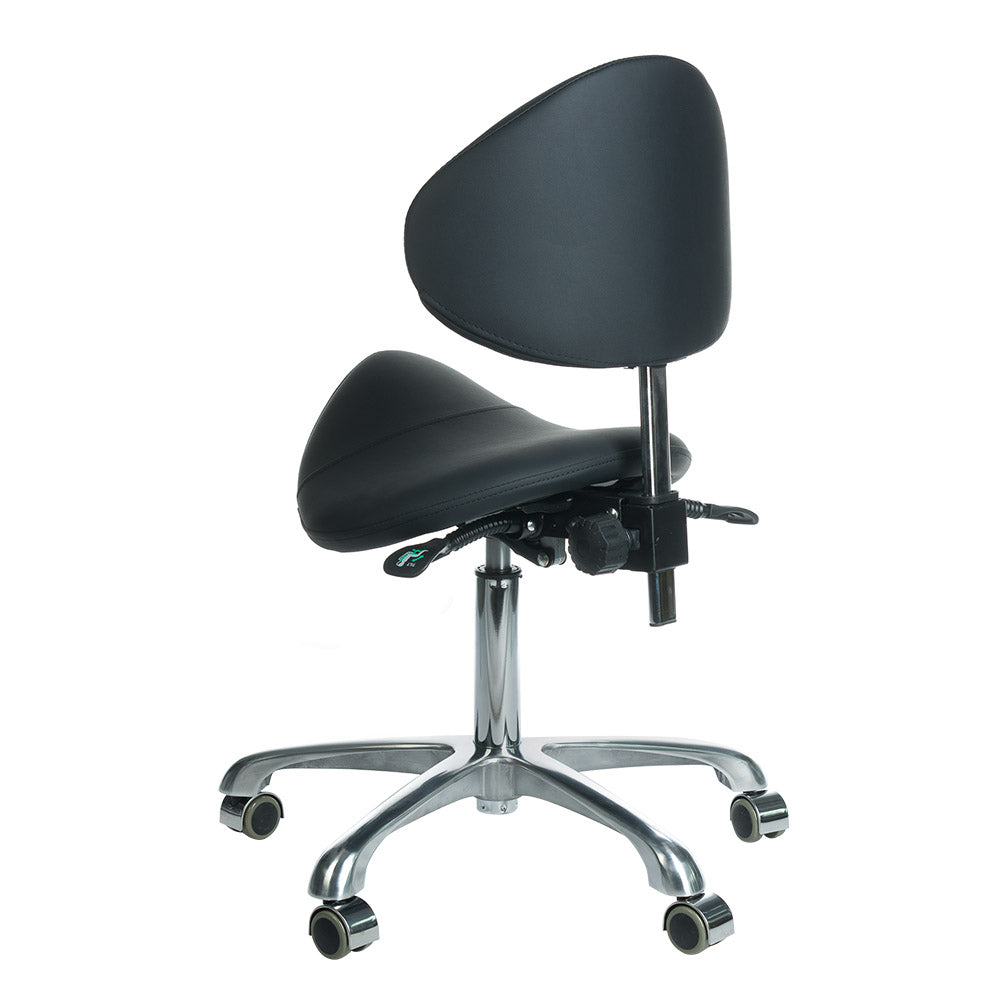 Black cosmetic stool with backrest, model BY-3004 from Beauty System, featuring a padded seat and sturdy base.