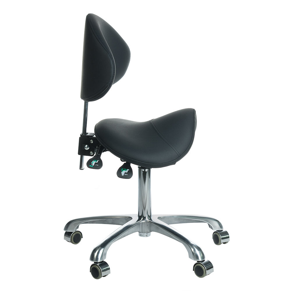 Black cosmetic stool with backrest, model BY-3004 from Beauty System, featuring a comfortable padded seat and sturdy base.