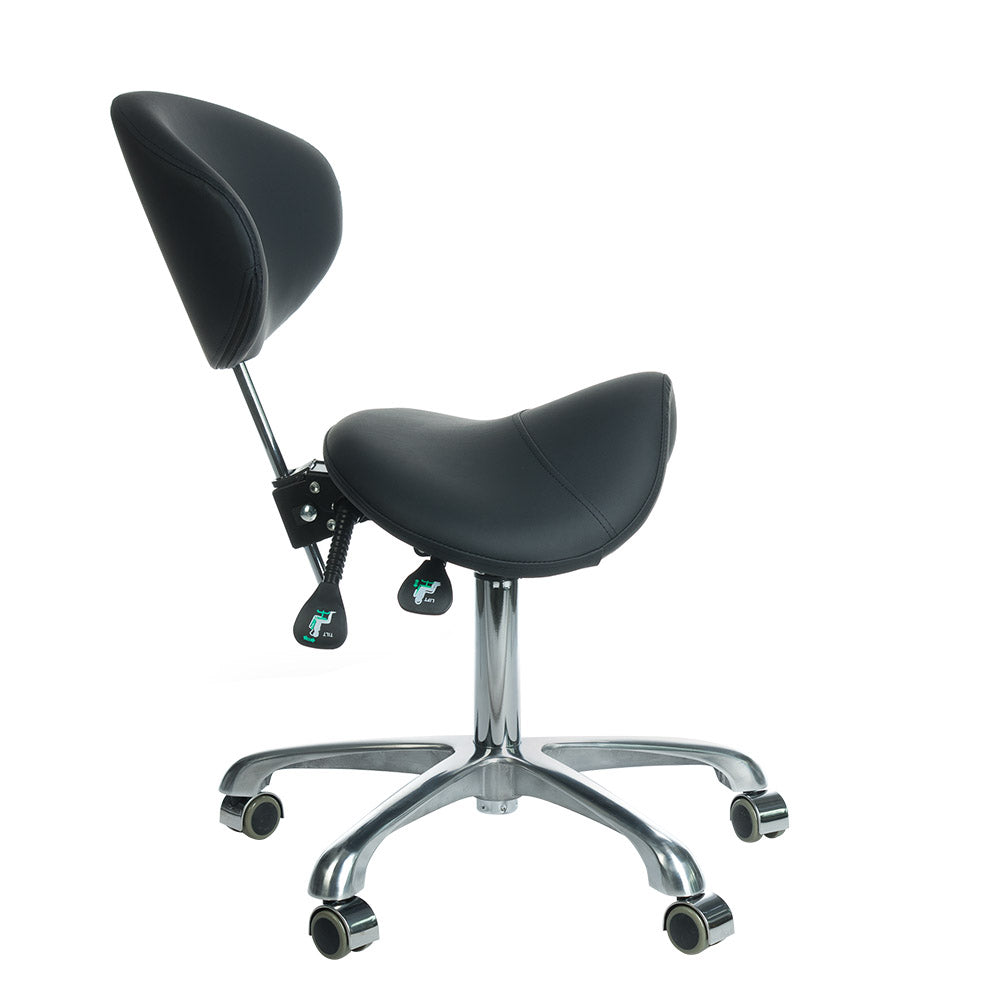 Black cosmetic stool with backrest from Beauty System, comfortable seating for beauty and salon professionals.