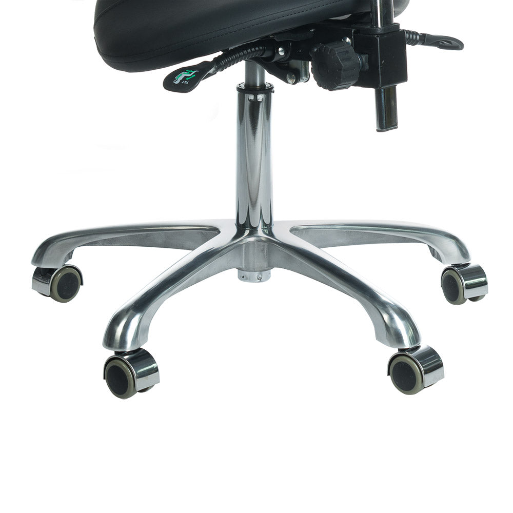 Black cosmetic stool with backrest from Beauty System, featuring a sturdy design and padded seat for salon or beauty treatments.