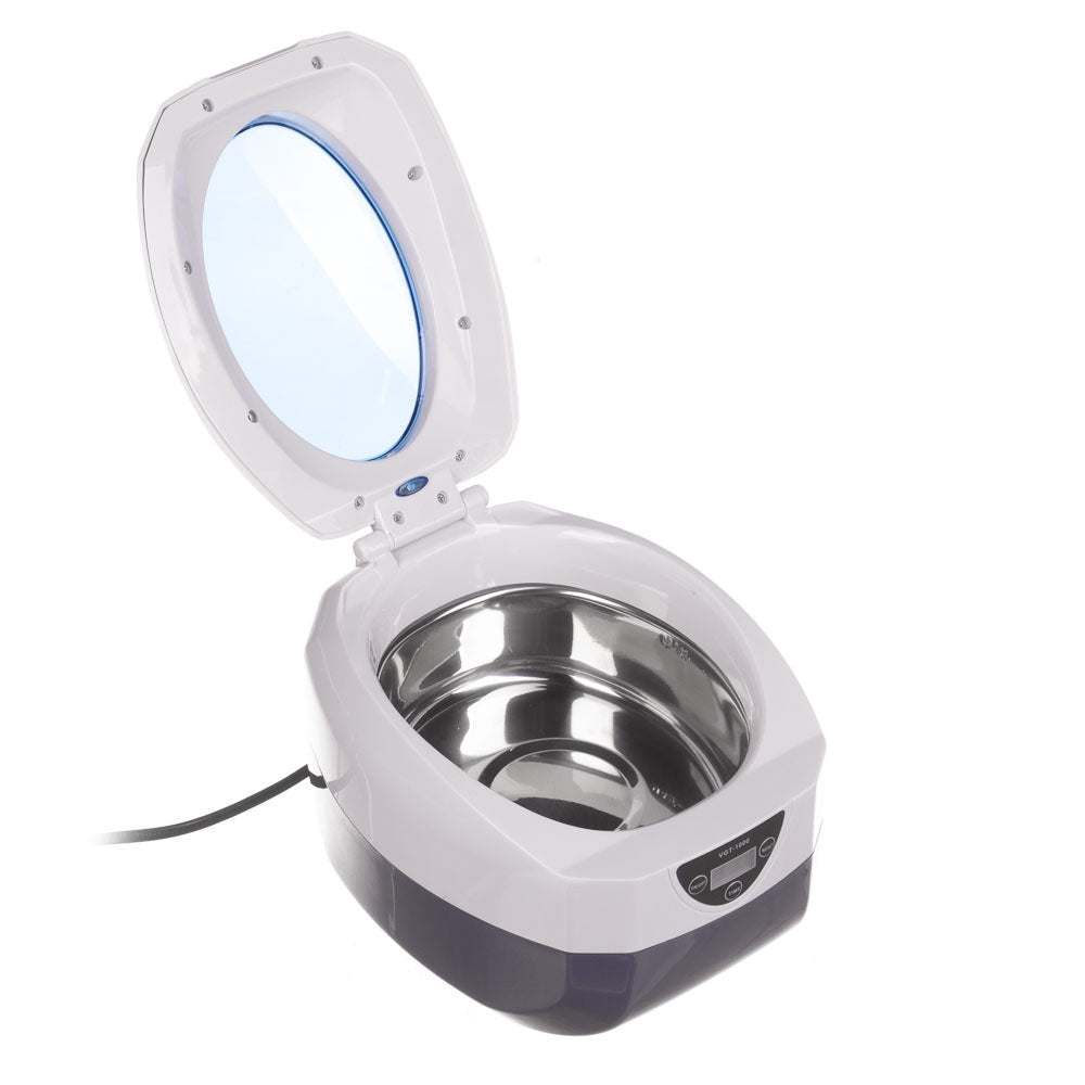 Professional ultrasonic cleaner VGT-1000 by Beauty System, 750ml capacity, with stainless steel tank and control panel.