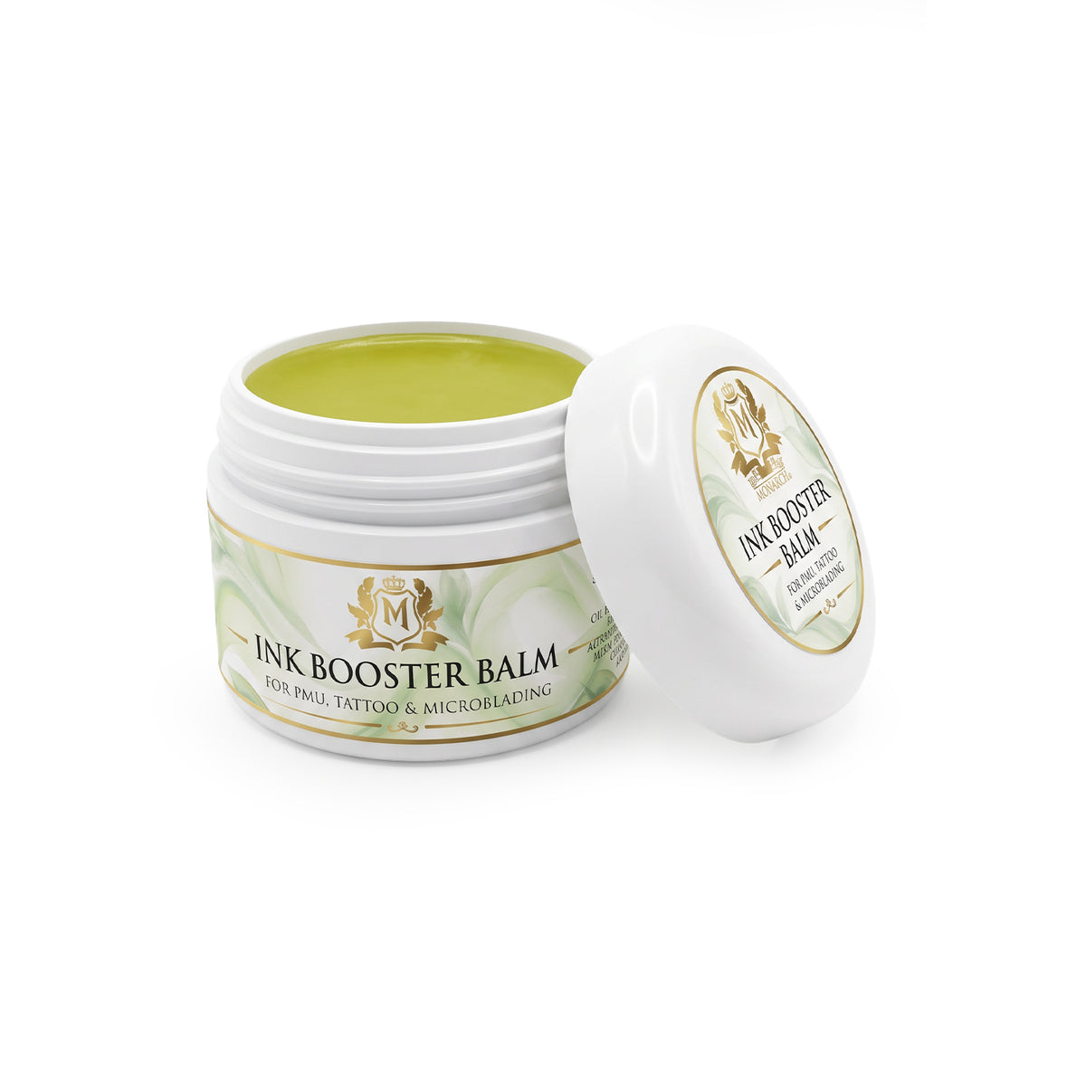 Skin Monarch Ink Booster Balm 30ml, boião aberto com bálsamo amarelo e tampa