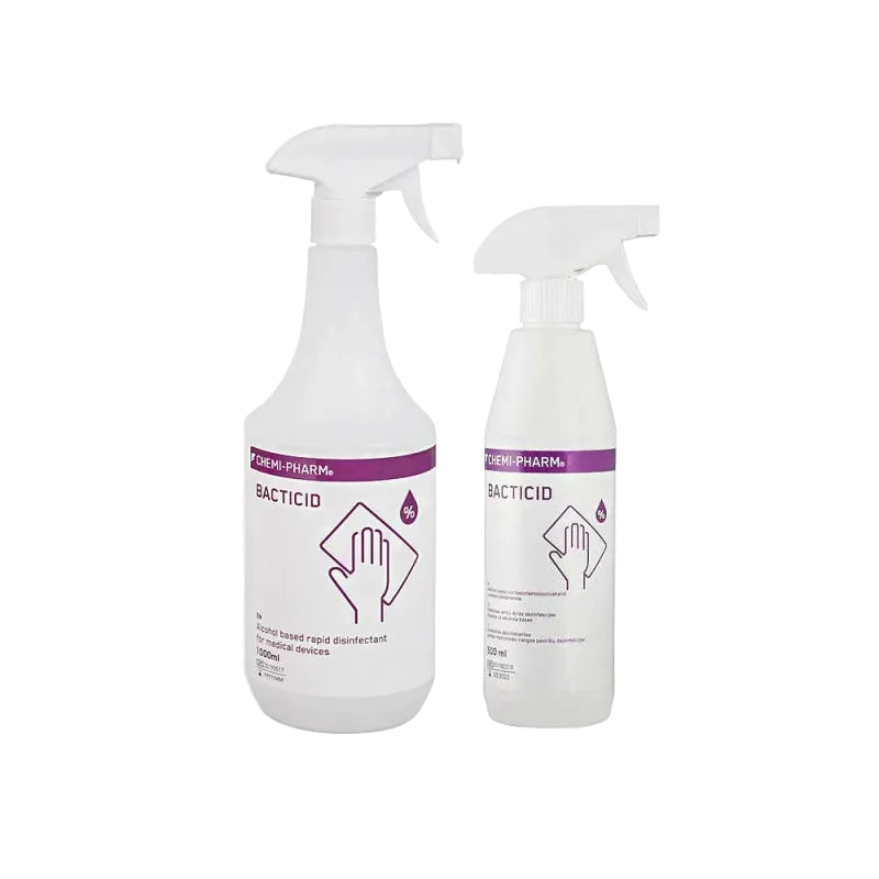 Chemipharm Bacticid disinfectant spray for surfaces and tools, 500ml or 1000ml bottle, with spray nozzle for cleaning and sanitizing