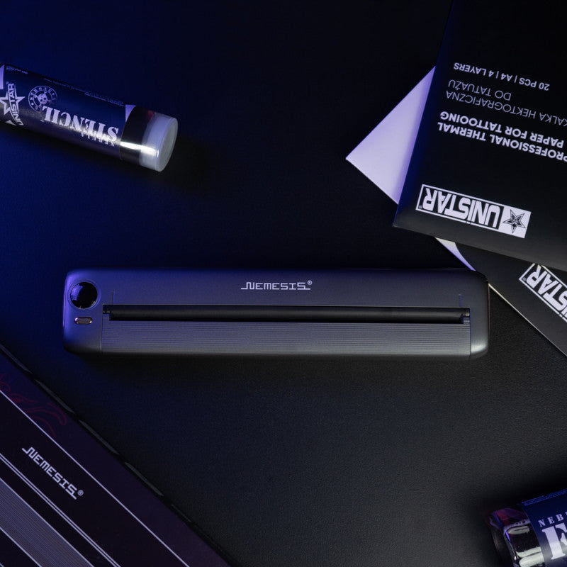 Wireless stencil printer by Nemesis with sleek design, shown printing stencils on a clean workspace.
