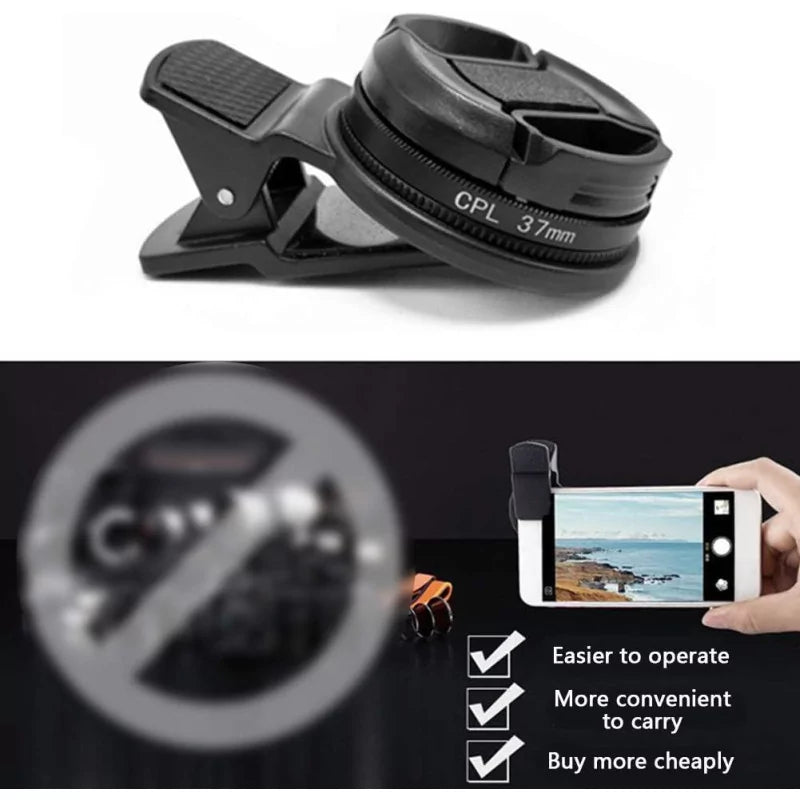 AVA Smartphone Tattoo Camera Lens 37mm CPL filter attached to a smartphone camera for enhanced photo quality and tattoo photography.