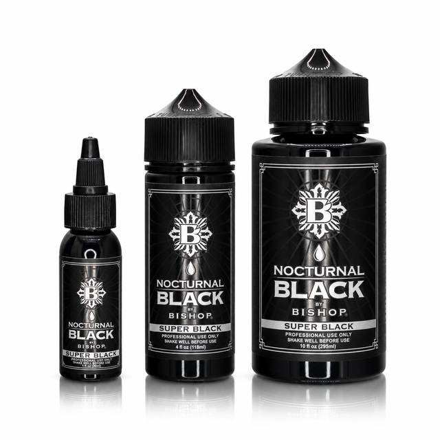 Nocturnal By Bishop Super Black 30ml, 118ml, 295ml — comparação dos tamanhos dos frascos