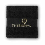 PhiBrows Black Cotton Towel 30x47cm — folded cotton towel with embroidered logo