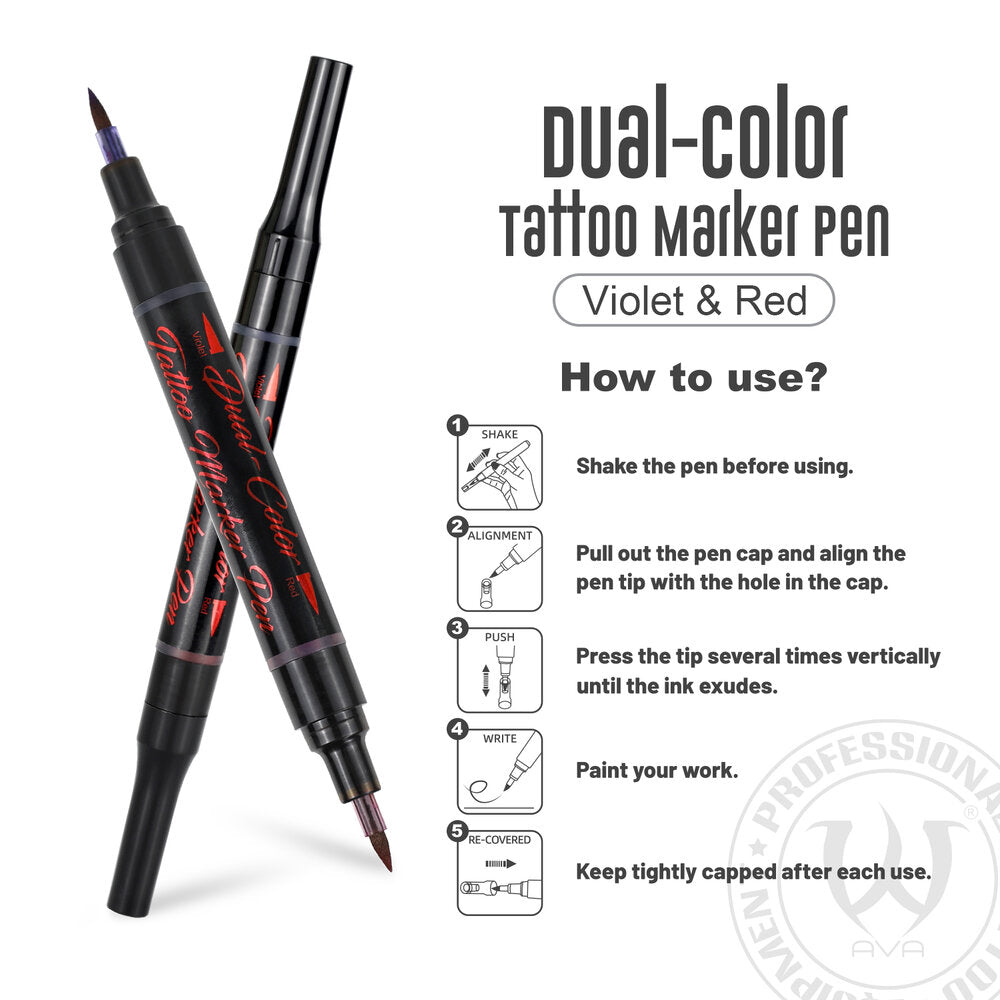 AVA Dual-Color Tattoo Marker Pen with red and violet ink, featuring fine tip for precise tattoo designs.