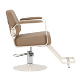 Omega Aurora light brown hairdressing chair with padded seat, backrest, and armrests, featuring a sleek modern design.