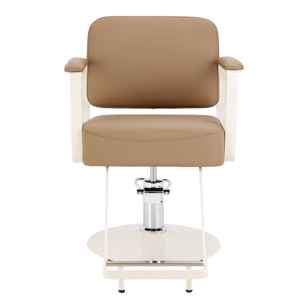 Omega Aurora light brown hairdressing chair with padded seat and adjustable height, designed for salon styling and comfort.