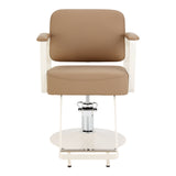 Omega Aurora light brown hairdressing chair with padded seat and adjustable height, designed for salon styling and comfort.