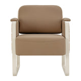 Omega Grandeur waiting room chair in light brown upholstery with sleek metal legs, designed for comfortable reception areas.