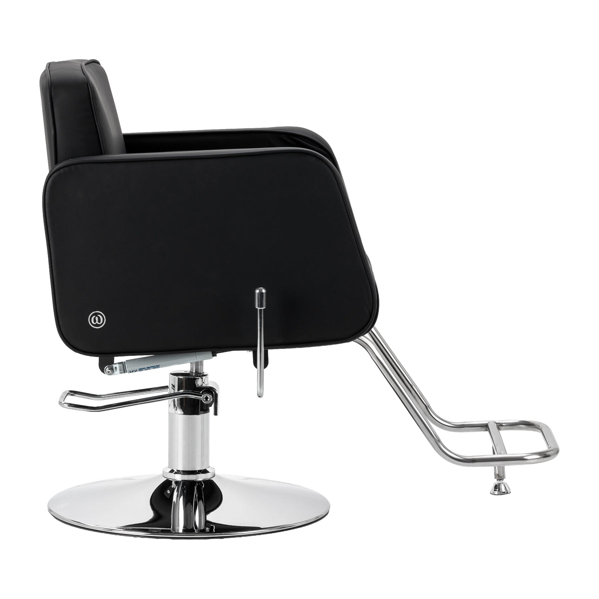 Black Omega Andromeda hairdressing chair with padded seat, adjustable height, and armrests, designed for professional salons.