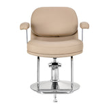 Omega Astra beige hairdressing chair with padded seat and backrest, adjustable height, and sleek modern design.