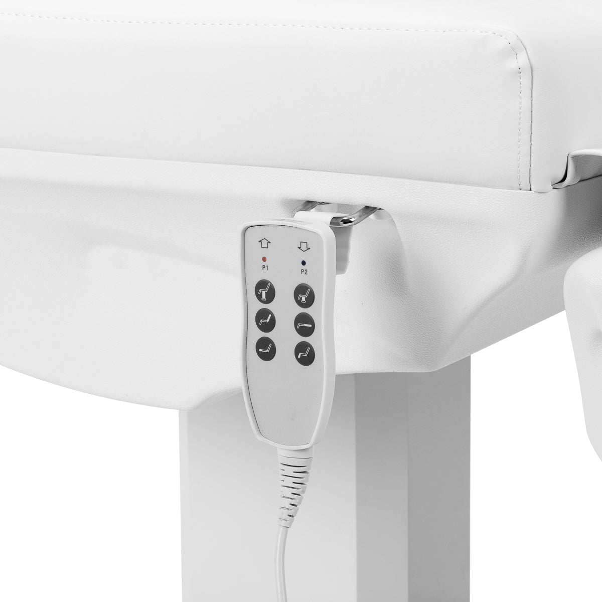 Azzurro 803D white electric cosmetic chair with three motors, designed for beauty salon use, featuring a plush, adjustable seat.