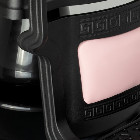 Pink Gabbiano President barber chair with black base, cushioned seat and backrest, adjustable armrests, and chrome accents.