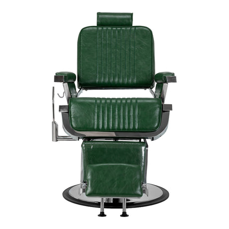 Gabbiano Royal X green barber chair with cushioned seat and backrest, adjustable headrest, and chrome armrests for barbershop use.