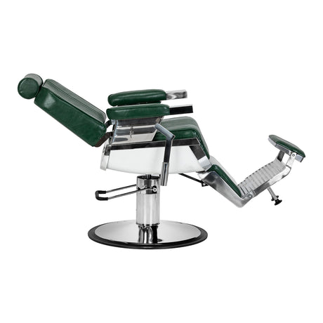 Green Gabbiano Royal X barber chair with padded leather upholstery and metallic base, designed for barbershop furniture.