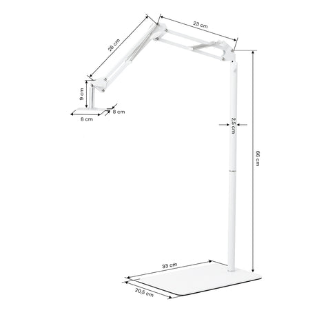 GLOW suporte ajustável para lâmpada UV/LED de pedicure – Branco; desenho cotado, base de 33 × 20,5 cm