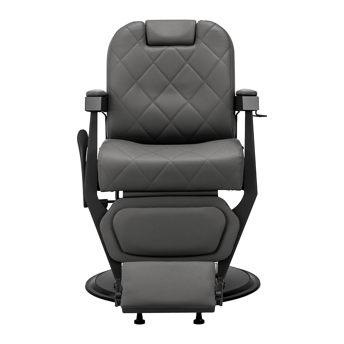 Back view of Gabbiano Bruno graphite barber chair with stitched upholstery