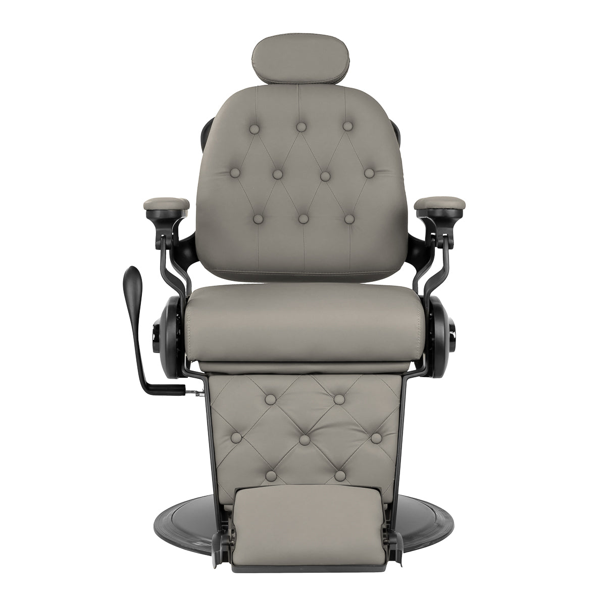 Gabbiano Francesco grey barber chair with black base, barbershop furniture featuring padded seat and backrest for professional styling.