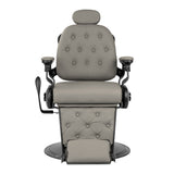 Gabbiano Francesco grey barber chair with black base, barbershop furniture featuring padded seat and backrest for professional styling.