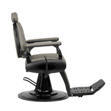 Gabbiano Francesco grey barbershop chair with black base, featuring padded seat and backrest, for professional grooming salons.