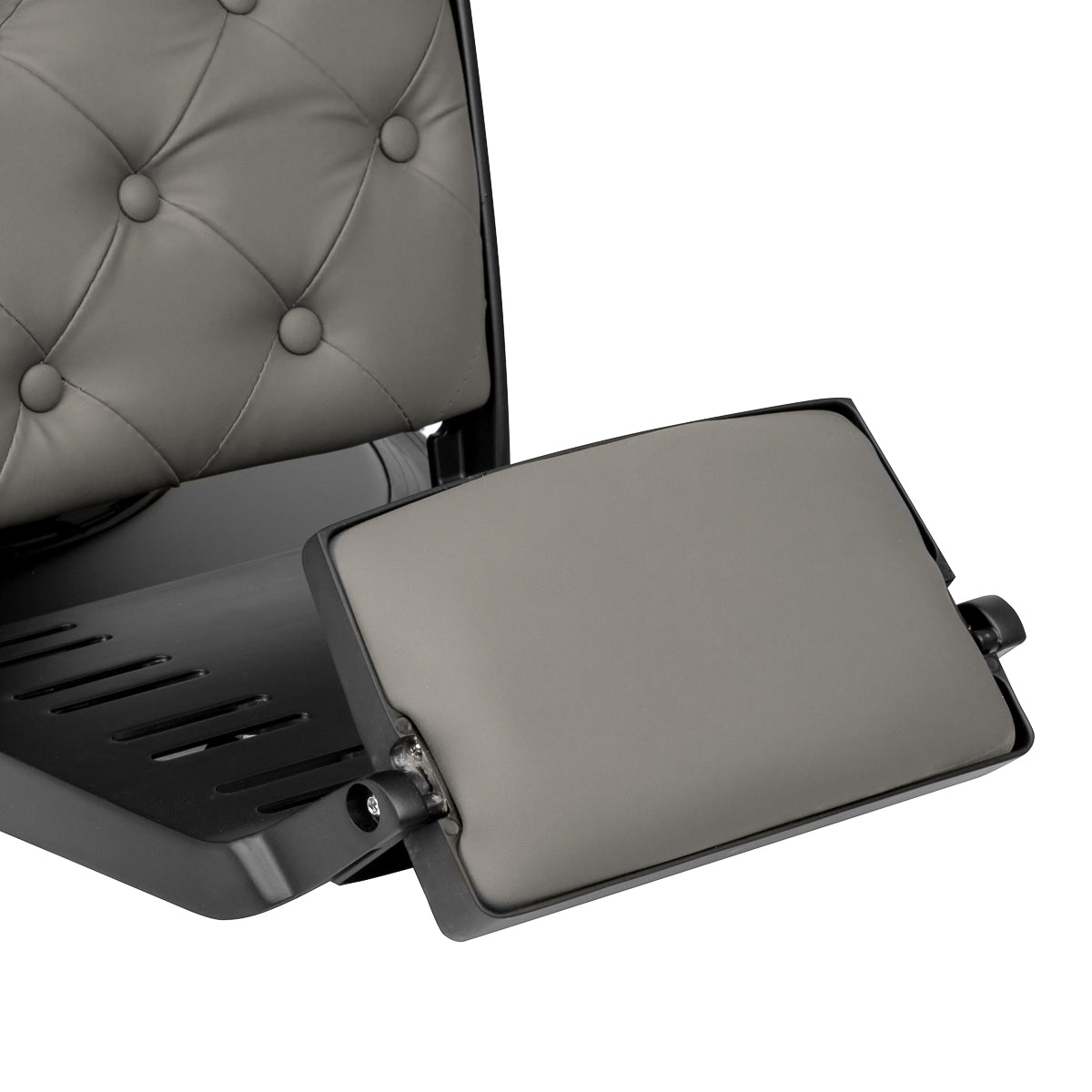 Gabbiano Francesco grey barber chair with black base, modern barbershop furniture, adjustable seat and cushioned backrest.